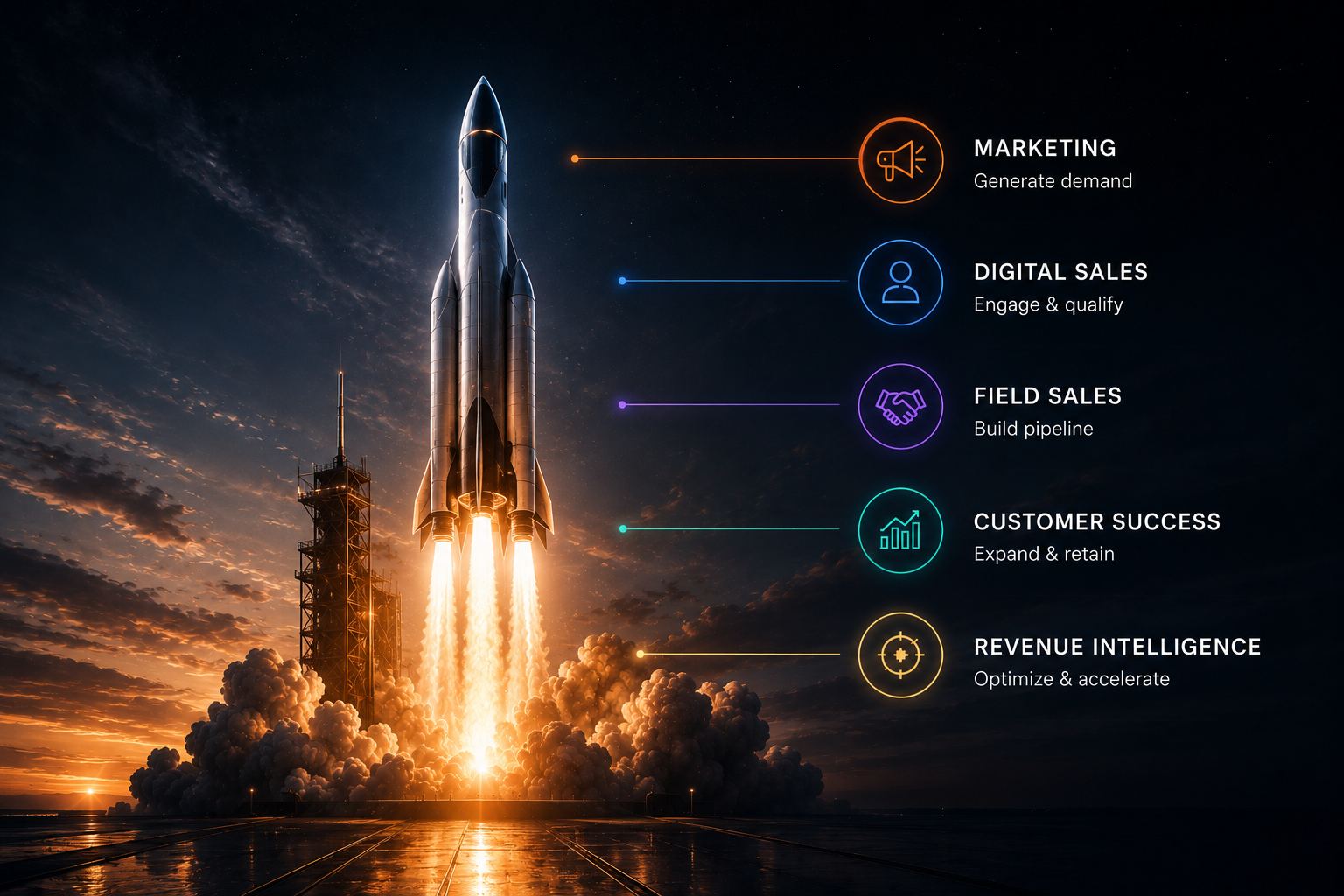 Revenue engine funnel: marketing, digital sales, field sales, customer success, revenue intelligence