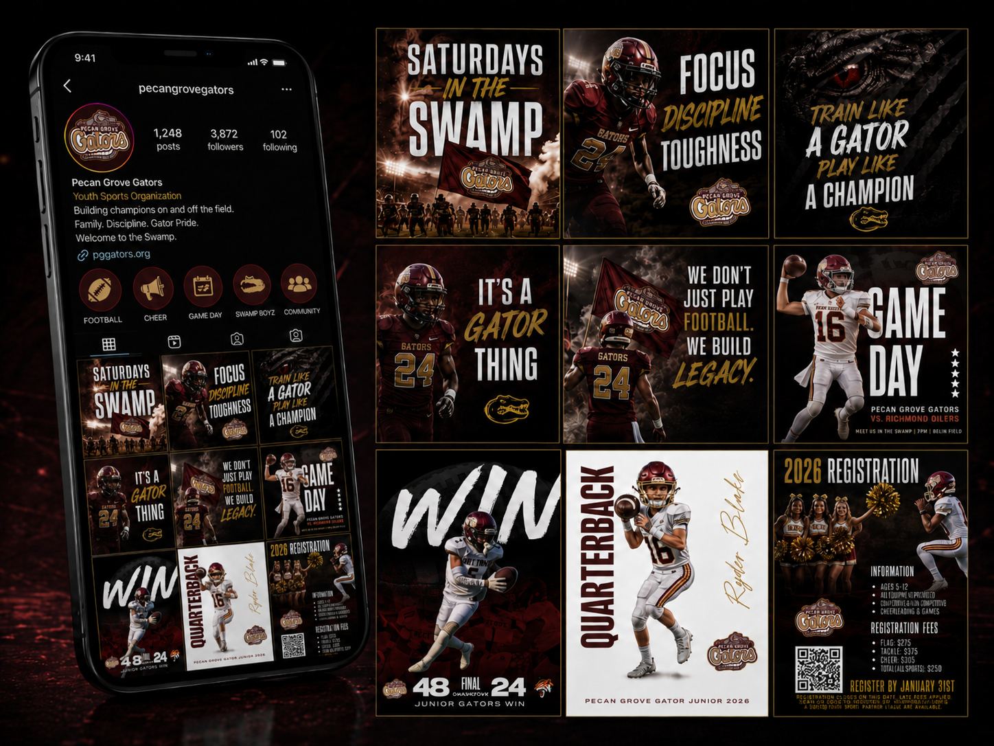Pecan Grove Gators Instagram content grid