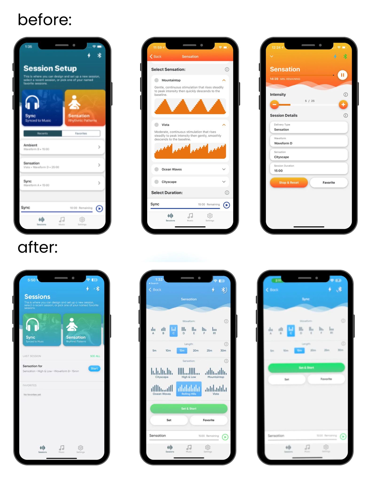 Neuvana app before and after — session setup screens