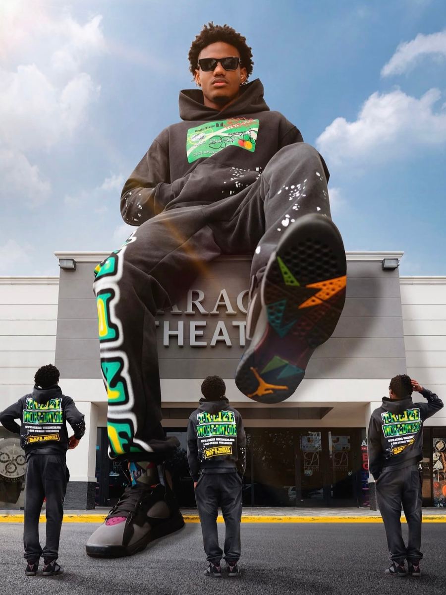 Surreal streetwear campaign visual, oversized figure above a storefront